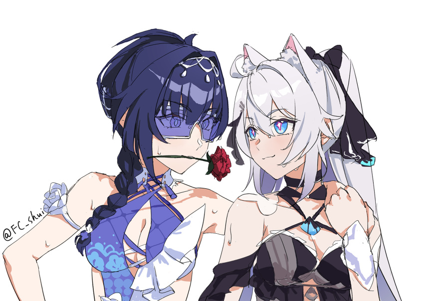 2girls :3 ahoge animal_ear_fluff animal_ears bare_shoulders black_choker braid breasts cat_ears choker cleavage commentary detached_sleeves flower flower_in_mouth goggles hair_between_eyes hetare_mizu high_ponytail highres holding_hands honkai_(series) honkai_impact_3rd kiana_kaslana kiana_kaslana_(herrscher_of_finality) long_hair looking_at_another medium_breasts medium_hair multiple_girls official_alternate_costume raiden_mei raiden_mei_(herrscher_of_origin) red_flower red_rose rose simple_background star-shaped_pupils star_(symbol) sweat sweatdrop symbol-only_commentary symbol-shaped_pupils twitter_username upper_body v-shaped_eyebrows white_background