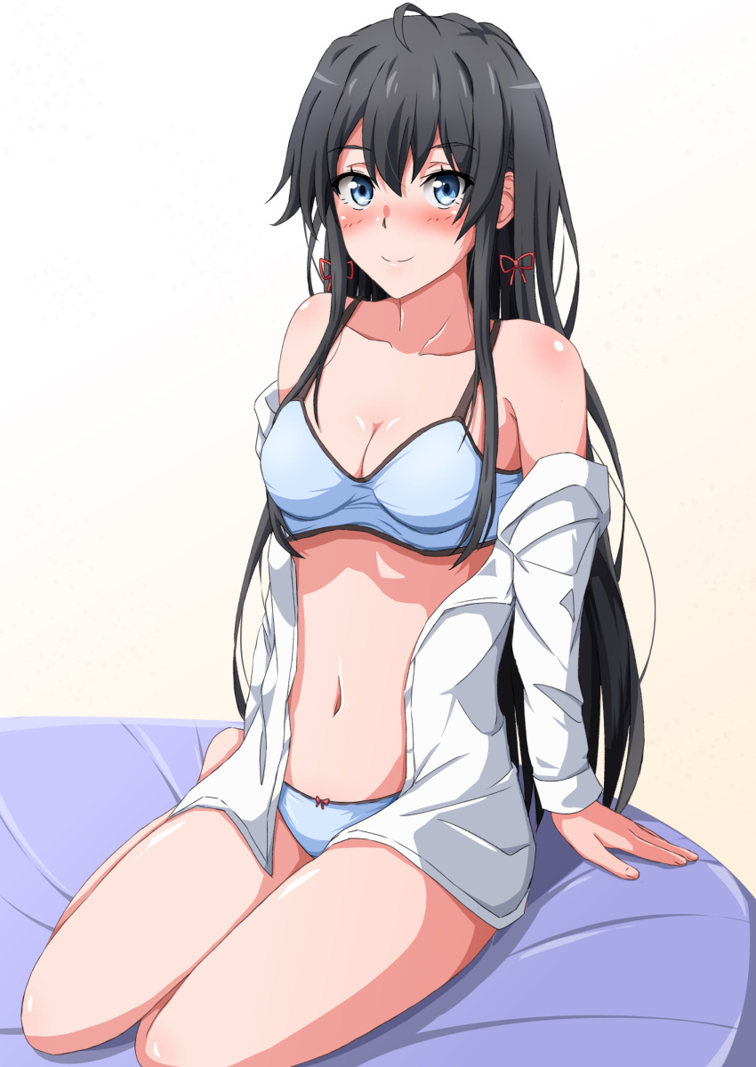 1girl black_hair blue_bra blue_eyes blue_panties blush bow bra breasts collarbone hair_bow highres konoyan long_hair looking_at_viewer navel open_clothes open_shirt panties red_bow shirt sitting smile solo underwear white_shirt yahari_ore_no_seishun_lovecome_wa_machigatteiru. yukinoshita_yukino