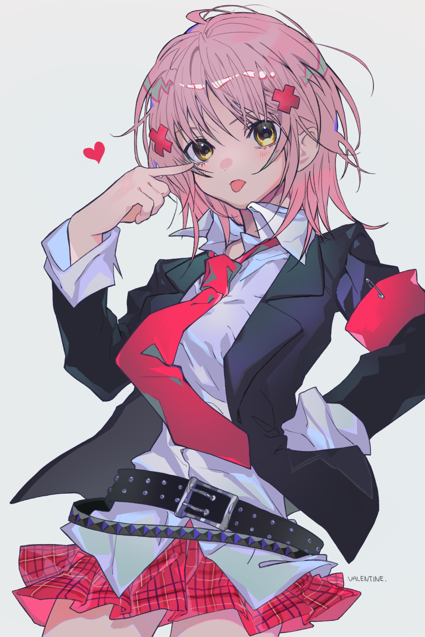 1girl absurdres belt black_jacket blazer collared_shirt heart highres hinamori_amu jacket long_sleeves looking_at_viewer medium_hair necktie orange_eyes pink_armband pink_hair pink_necktie pink_skirt plaid plaid_skirt school_uniform shirt shugo_chara! skirt solo tongue tongue_out valentine_(02140314c) white_background white_shirt