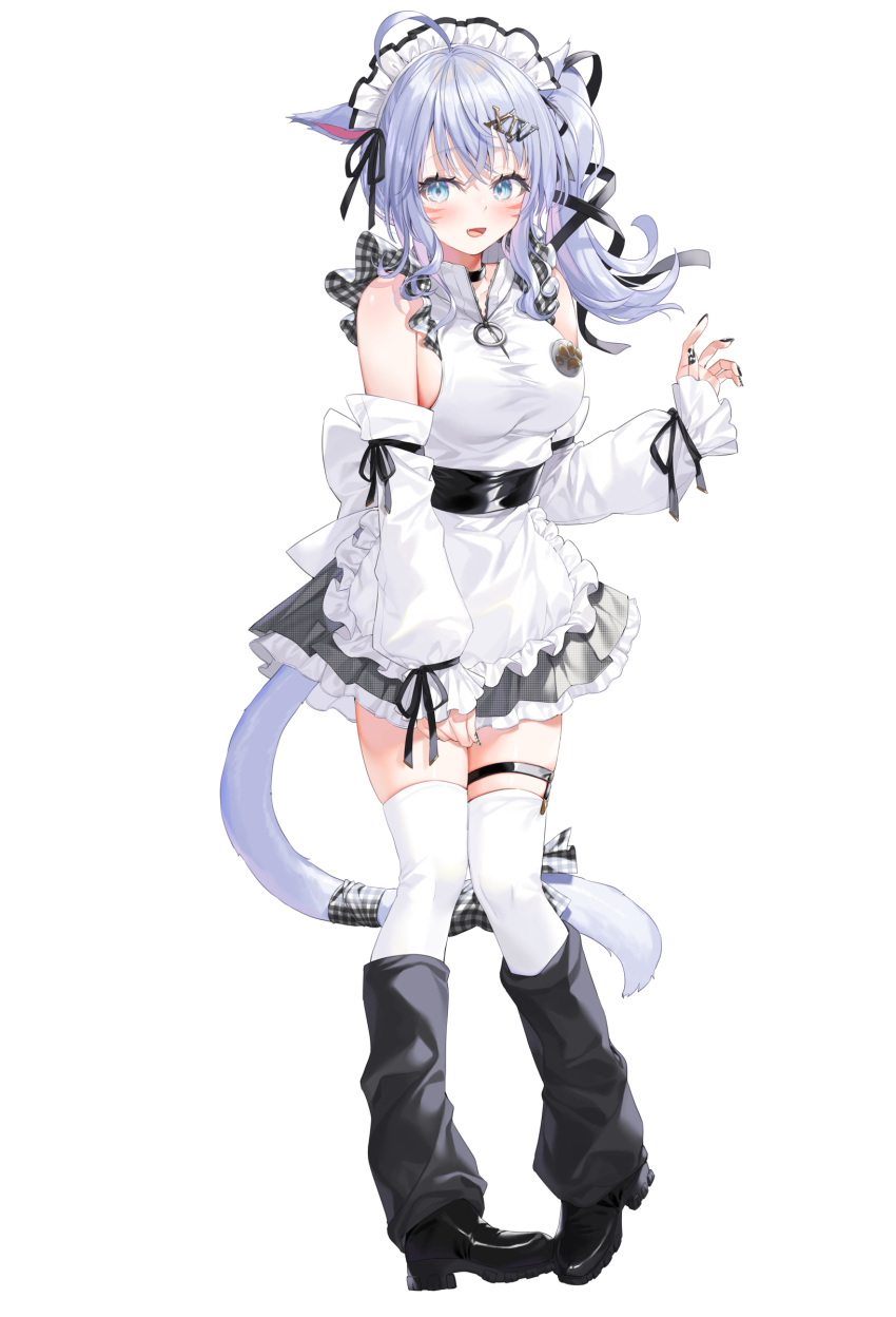 1girl :d absurdres animal_ears apron black_skirt blue_eyes blue_hair breasts cat_ears cat_girl cat_tail detached_sleeves fang final_fantasy final_fantasy_xiv full_body highres large_breasts leg_warmers light_blue_hair long_sleeves looking_at_viewer maid maid_headdress medium_hair miqo'te open_mouth roman_numeral shirt side_ponytail simple_background skirt sleeveless sleeveless_shirt smile standing tail thigh_strap thighhighs warrior_of_light_(ff14) white_apron white_background white_shirt white_thighhighs yana_mori