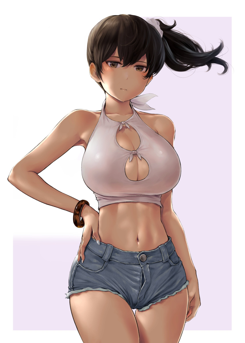 1girl absurdres alternate_costume bare_shoulders blue_shorts blush bra bracelet breasts brown_eyes brown_hair cleavage cleavage_cutout closed_mouth clothing_cutout collarbone cowboy_shot crop_top denim denim_shorts fingernails gradient_background grey_background hair_between_eyes halterneck hand_on_own_hip highres jewelry kaga_(kancolle) kantai_collection large_breasts legs_together long_hair looking_at_viewer midriff navel open_fly revision shirt short_shorts shorts side_ponytail simple_background sleeveless solo standing stomach thigh_gap thighs underwear wa_(genryusui) white_bra white_shirt