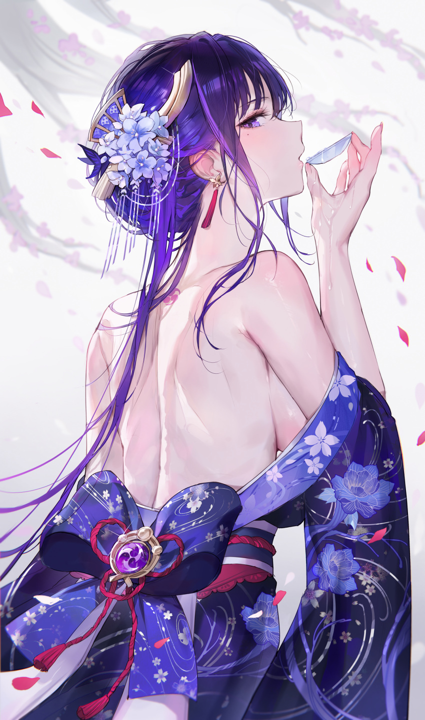 1girl absurdres alcohol back back_tattoo breasts cup drinking earrings falling_petals floral_print floral_print_kimono flower from_behind gem genshin_impact hair_flower hair_ornament highres holding holding_cup japanese_clothes jewelry kimono large_breasts looking_at_viewer mitsudomoe_(shape) mole mole_under_eye off_shoulder petals profile purple_eyes purple_gemstone purple_hair purple_kimono qiandaiyiyu raiden_shogun sakazuki sake sideboob solo tassel tassel_earrings tattoo tomoe_(symbol) vision_(genshin_impact) wet