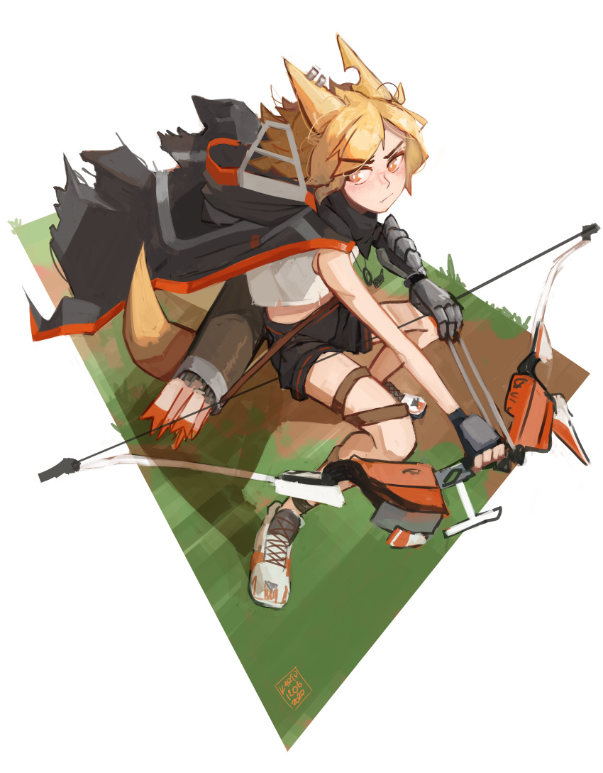 1girl absurdres animal_ears anklet arknights arrow_(projectile) black_cape black_gloves black_shorts blonde_hair bow bow_(weapon) cape fingerless_gloves fox_ears fox_girl fox_tail gloves gremlin highres holding holding_bow_(weapon) holding_weapon infection_monitor_(arknights) jewelry kart_prowler looking_at_viewer mechanical_arms notched_ear quiver shirt short_hair shorts single_mechanical_arm solo squatting tail vermeil_(arknights) weapon white_footwear white_shirt yellow_eyes