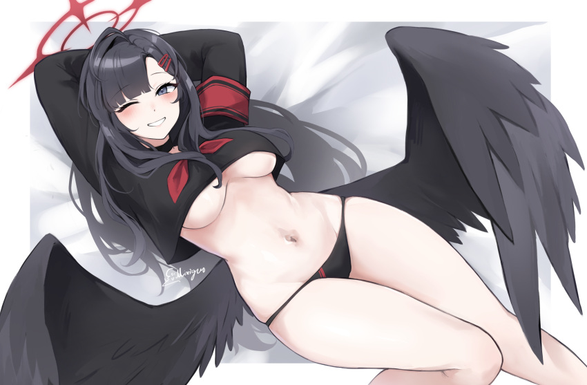 1girl ;d absurdres armband arms_behind_head arms_up asymmetrical_bangs bare_legs black_hair black_panties black_serafuku black_wings blue_archive blunt_bangs blush breasts cropped_shirt feathered_wings feet_out_of_frame hair_spread_out halo highres ichika_(blue_archive) long_hair looking_at_viewer lying medium_breasts mixiguo_1205 navel neckerchief no_bra no_pants on_back one_eye_closed open_clothes open_skirt panties red_armband red_halo red_neckerchief school_uniform serafuku skirt smile solo stomach underboob underwear very_long_hair wings