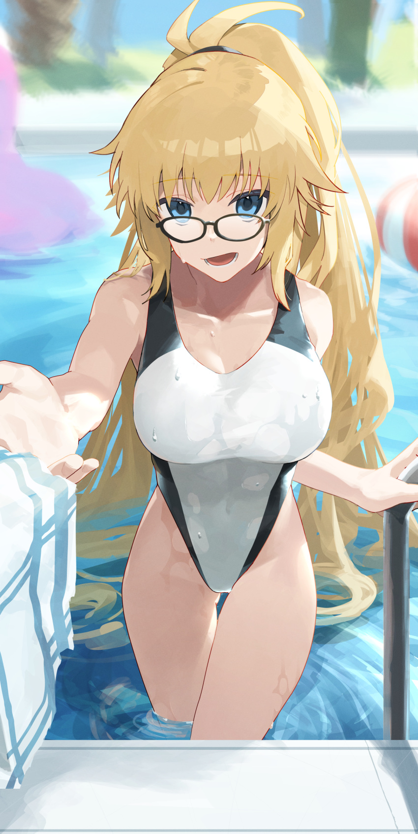 1girl absurdres ao_tsukushi ball beachball black-framed_eyewear blonde_hair blue_eyes competition_swimsuit cowboy_shot fate/grand_order fate_(series) glasses high_ponytail highleg highleg_swimsuit highres jeanne_d'arc_(fate) jeanne_d'arc_(swimsuit_archer)_(fate) jeanne_d'arc_(swimsuit_archer)_(second_ascension)_(fate) one-piece_swimsuit pool pool_ladder solo swimsuit two-tone_swimsuit wading water white_one-piece_swimsuit