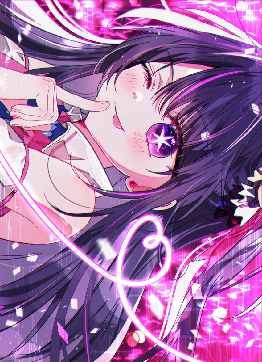 1girl ascot blue_ascot blush cheek_poking closed_mouth collared_dress commentary_request detached_sleeves dress glitch hair_between_eyes hair_ornament heart highres hoshino_ai_(oshi_no_ko) idol korean_commentary long_hair one_eye_closed one_side_up oshi_no_ko pink_dress pink_ribbon poking purple_eyes purple_hair rabbit_hair_ornament ribbon ryeonhwa0308 sidelocks sideways solo star-shaped_pupils star_(symbol) symbol-shaped_pupils tongue tongue_out