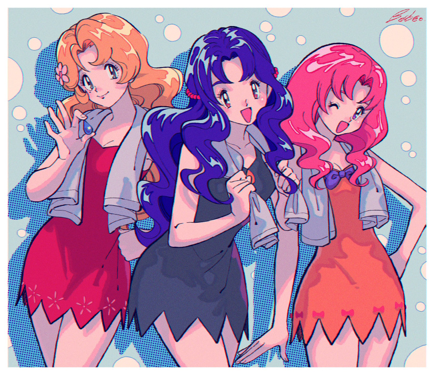 3girls :d ;d badge blonde_hair blue_hair bow breasts cleavage daisy_(pokemon) dress dress_bow flower gym_leader_badge hair_flower hair_ornament hand_on_own_hip highres holding_badge kwsby_124 lily_(pokemon) long_hair looking_at_viewer multiple_girls one_eye_closed pink_hair pokemon pokemon_(anime) pokemon_(classic_anime) purple_bow siblings signature sisters sleeveless sleeveless_dress smile towel towel_around_neck violet_(pokemon)