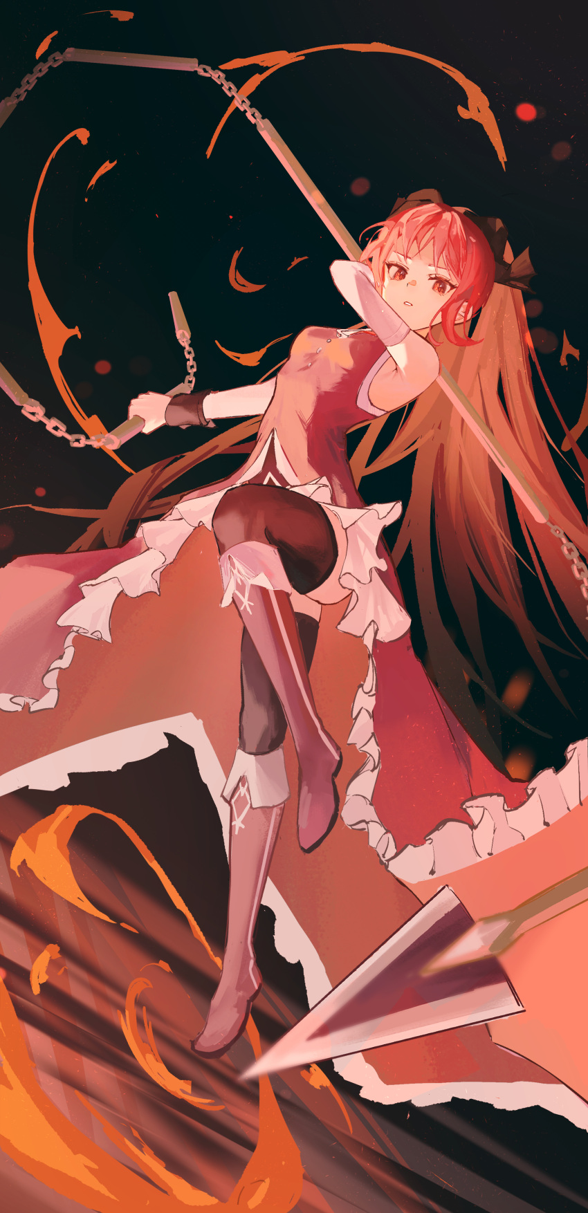 1girl absurdres black_background boots bow detached_sleeves dress fire frilled_dress frills hair_bow highres holding holding_weapon incoming_attack knee_boots long_hair looking_at_viewer magical_girl mahou_shoujo_madoka_magica parted_lips polearm ponytail red_dress red_eyes red_footwear red_hair sakura_kyouko thighhighs weapon wrist_cuffs xianluojimaomao2333