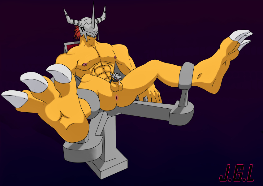 3_toes absurd_res anthro anus armor artist_j.g.l balls bandai_namco bdsm bodily_fluids bound character_wargreymon chastity_(disambiguation) chastity_cage chastity_device claws digimon digimon_(species) feet genital_fluids genitals green_eyes hair headgear helmet hi_res leaking_precum male male/male muscular nipples nude orange_body paws precum red_hair simple_background solo toes waiting