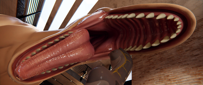 3d_(artwork) ambiguous/ambiguous ambiguous_gender anthro close-up digital_media_(artwork) dinosaur duo feral hi_res imminent_vore inside jinnoaka mouth_shot open_mouth reptile scalie size_difference teeth throat tongue tongue_out whiteperson window