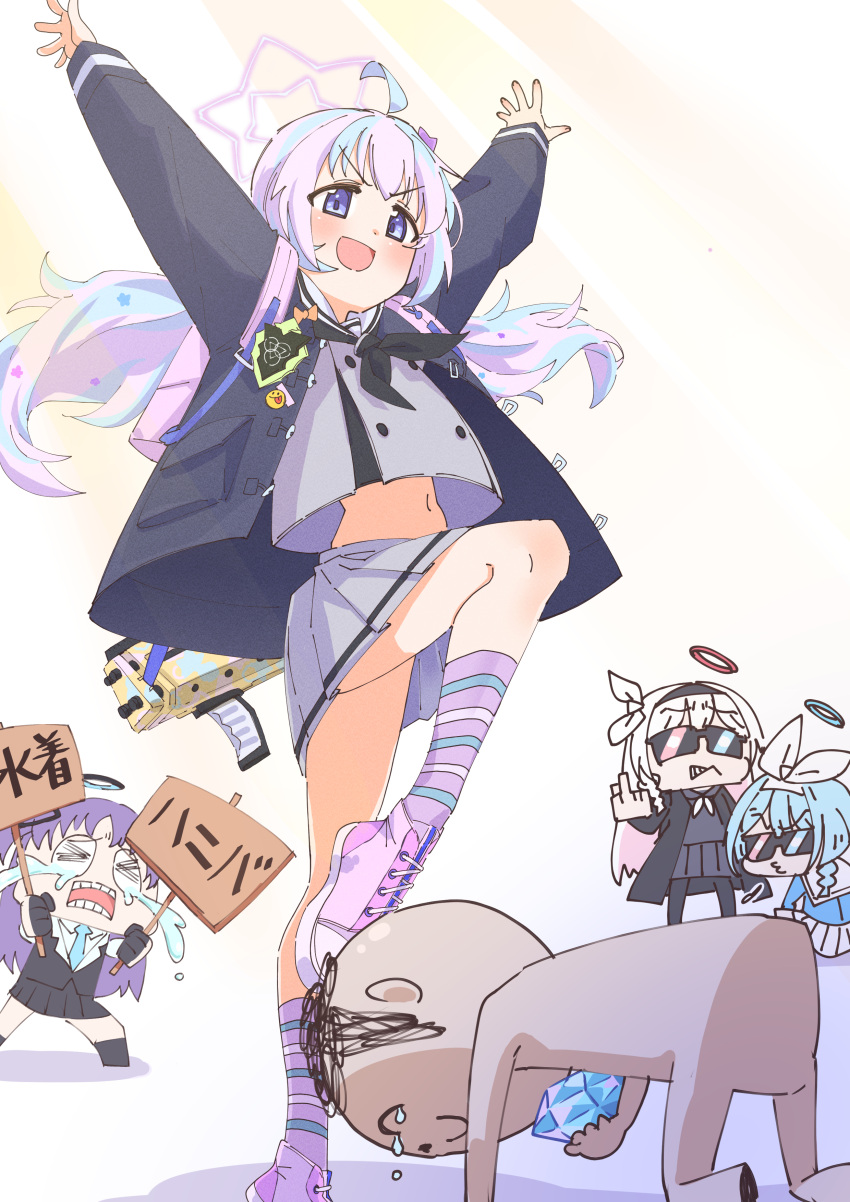 &gt;_&lt; 1boy 4girls absurdres ahoge arona's_sensei_doodle_(blue_archive) arona_(blue_archive) backpack bag black_coat black_jacket black_serafuku black_skirt blazer blue_archive blue_hair blue_shirt blush bow braid coat commentary crying furrowed_brow grey_shirt grey_skirt hair_bow hair_ornament halo highres holding holding_crystal holding_sign jacket light_rays long_hair long_sleeves looking_at_another looking_down low_twintails middle_finger midriff_peek multicolored_hair multiple_girls navel open_clothes open_coat open_mouth pink_bag pink_hair plana_(blue_archive) pleated_skirt prostration purple_eyes purple_hair purple_socks pyroxene_(blue_archive) reisa_(blue_archive) school_uniform sensei_(blue_archive) serafuku shiratama_(siratama5656) shirt shoes side_braid sign skirt smile sneakers socks spitting squatting standing standing_on_one_leg star_(symbol) star_hair_ornament stomach striped striped_socks sunbeam sunglasses sunlight tareme translation_request twintails two-tone_hair v-shaped_eyebrows white_bow white_hair white_skirt yuuka_(blue_archive)