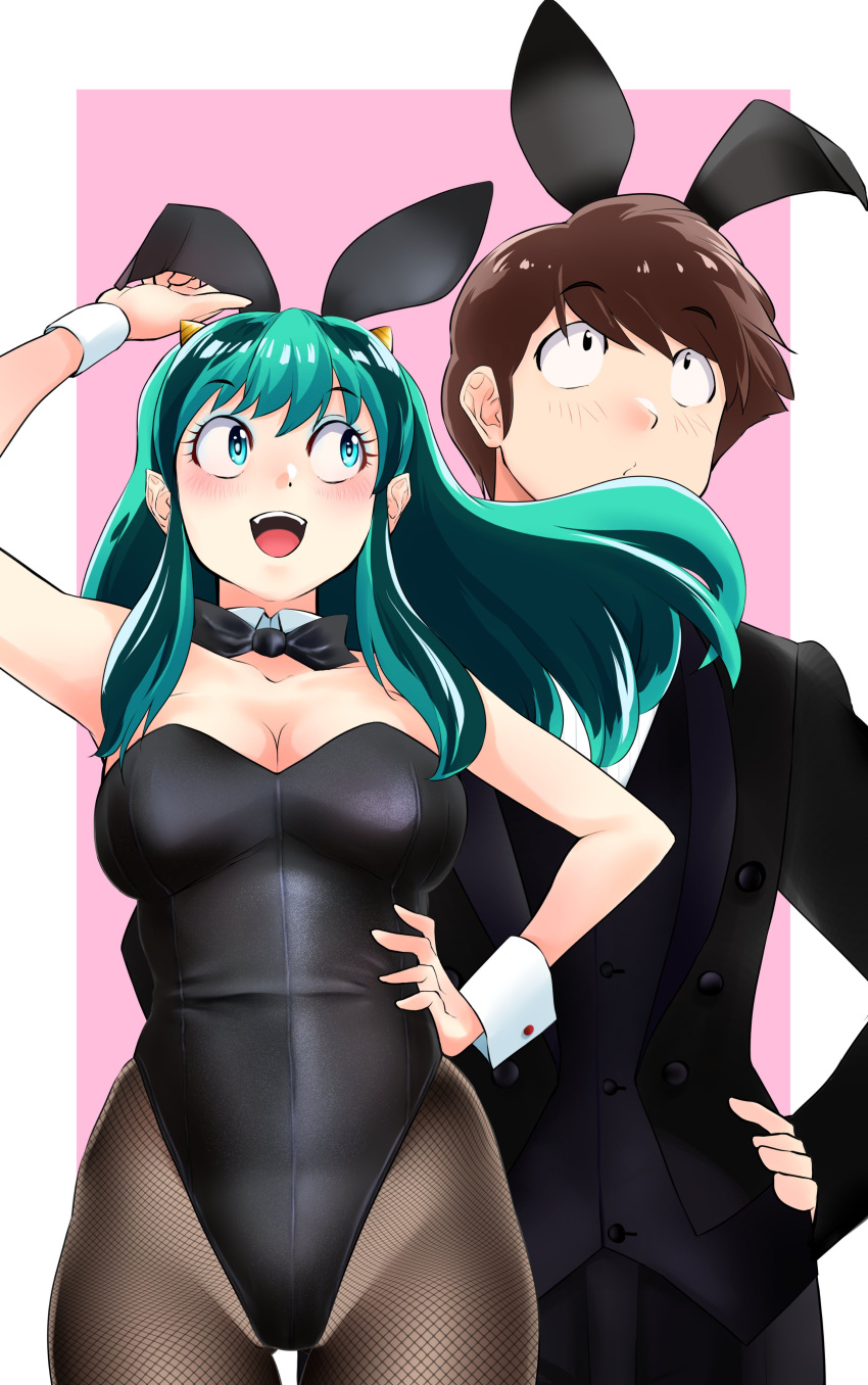 1boy 1girl absurdres animal_ears aqua_hair black_bow black_bowtie black_jacket black_leotard black_pants black_pantyhose black_vest blue_eyes bow bowtie breasts brown_hair cleavage couple detached_collar fake_animal_ears fishnet_pantyhose fishnets hand_on_own_hip hetero highres horns jacket leotard long_hair looking_at_viewer lum male_playboy_bunny medium_breasts moroboshi_ataru nanao_futaba oni_horns pants pantyhose playboy_bunny pointy_ears rabbit_ears short_hair smile standing strapless strapless_leotard suit_jacket tuxedo urusei_yatsura vest wrist_cuffs