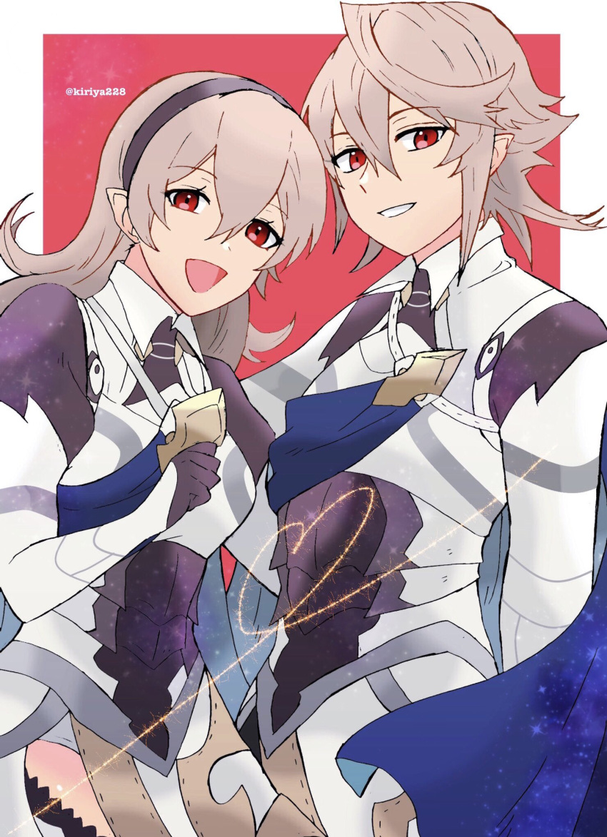 1boy 1girl armor black_gloves black_hairband blue_cape border cape commentary_request corrin_(female)_(fire_emblem) corrin_(fire_emblem) corrin_(male)_(fire_emblem) dual_persona fire_emblem fire_emblem_fates gloves grey_hair grin hair_between_eyes hairband highres kiriya_(552260) long_hair looking_at_viewer open_mouth outside_border pointy_ears red_background red_eyes short_hair simple_background smile twitter_username white_border