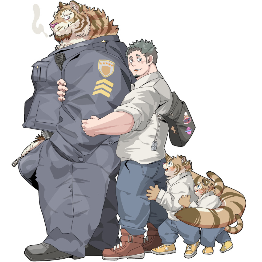 anthro bag beard big_bulge big_muscles big_penis blush bottomwear brown_hair bulge chan_kiti_chan_(artist) cigarette clothing embrace facial_hair family father father_and_child father_and_son felid footwear fur genitals group hair hi_res hug human human_on_anthro interspecies larger_anthro larger_male male male/male mammal multicolored_body multicolored_fur muscular muscular_anthro muscular_male pantherine pants parent parent_and_child penis penis_through_fly poking_out police_officer police_uniform romantic romantic_couple shirt shoes size_difference smaller_human smaller_male smoking son striped_body striped_fur stripes tail_around_another tail_around_partner tiger topwear uniform white_body white_fur yellow_body yellow_fur