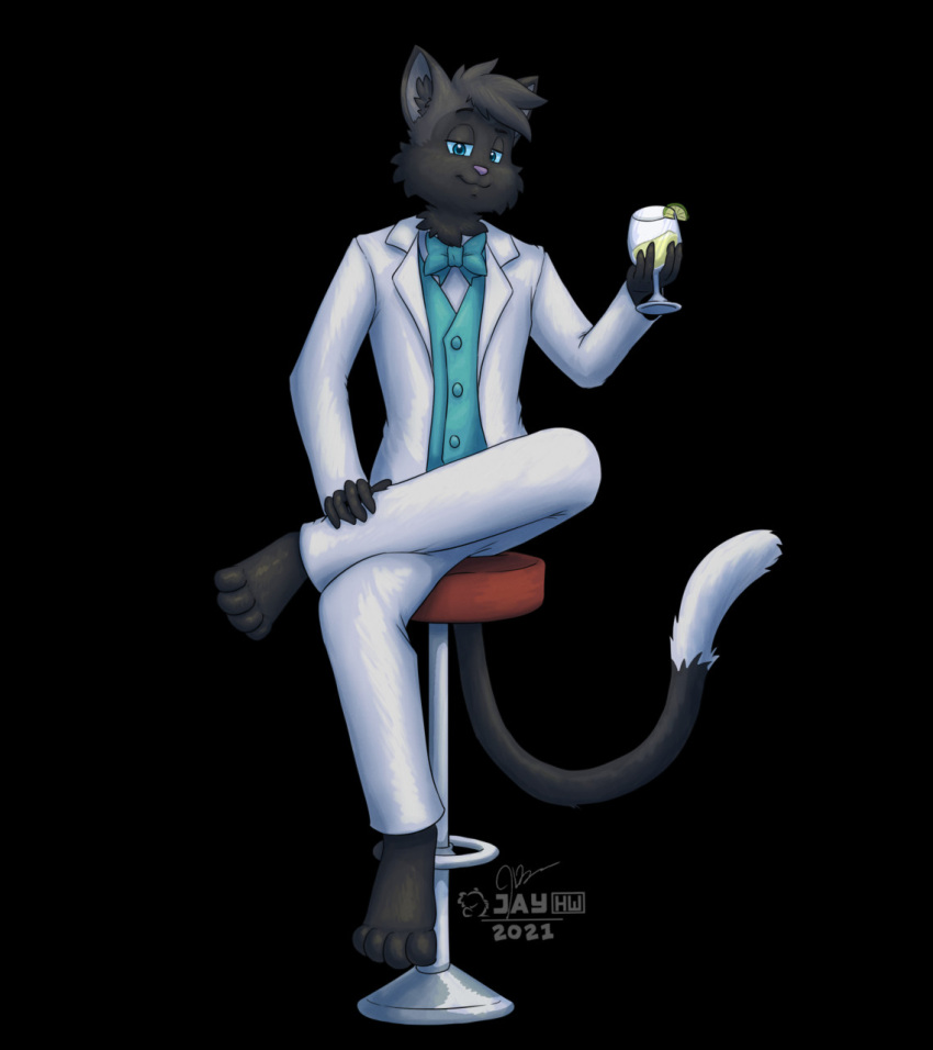 2021 4_toes 5_fingers anthro artist_logo bar_stool barefoot beverage black_background black_body black_eyebrows black_fur black_hair black_inner_ear_fluff blue_bow_tie blue_clothing blue_eyes blue_sclera blue_topwear blue_vest bow_tie cheek_tuft clothed clothing comet_(wolfywave) crossed_legs dipstick_tail domestic_cat eyebrows facial_tuft feet felid feline felis fingers fur furniture glass hair half-closed_eyes hi_res holding_beverage holding_object inner_ear_fluff jacket logo looking_at_viewer male mammal markings narrowed_eyes open_clothing open_jacket open_topwear pink_nose raised_eyebrow sammfeatblueheart shaded signature simple_background sitting smile solo stool suit tail tail_markings tail_tuft toes topwear tuft tuxedo_cat vest white_body white_clothing white_fur white_suit