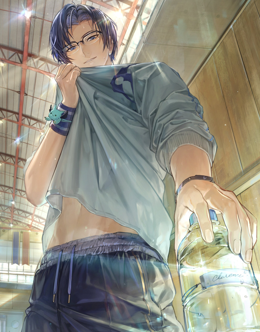 1boy absurdres black_pants blue_eyes blue_hair blue_shirt bottle clothes_pull drawstring for_all_time from_below glasses gym hataya highres holding holding_bottle indoors looking_at_viewer male_focus midriff_peek mole mole_under_eye pants parted_bangs parted_lips shirt shirt_pull short_hair si_lan sleeves_rolled_up smile solo standing sweat truss watch water_bottle wiping_sweat wristband wristwatch