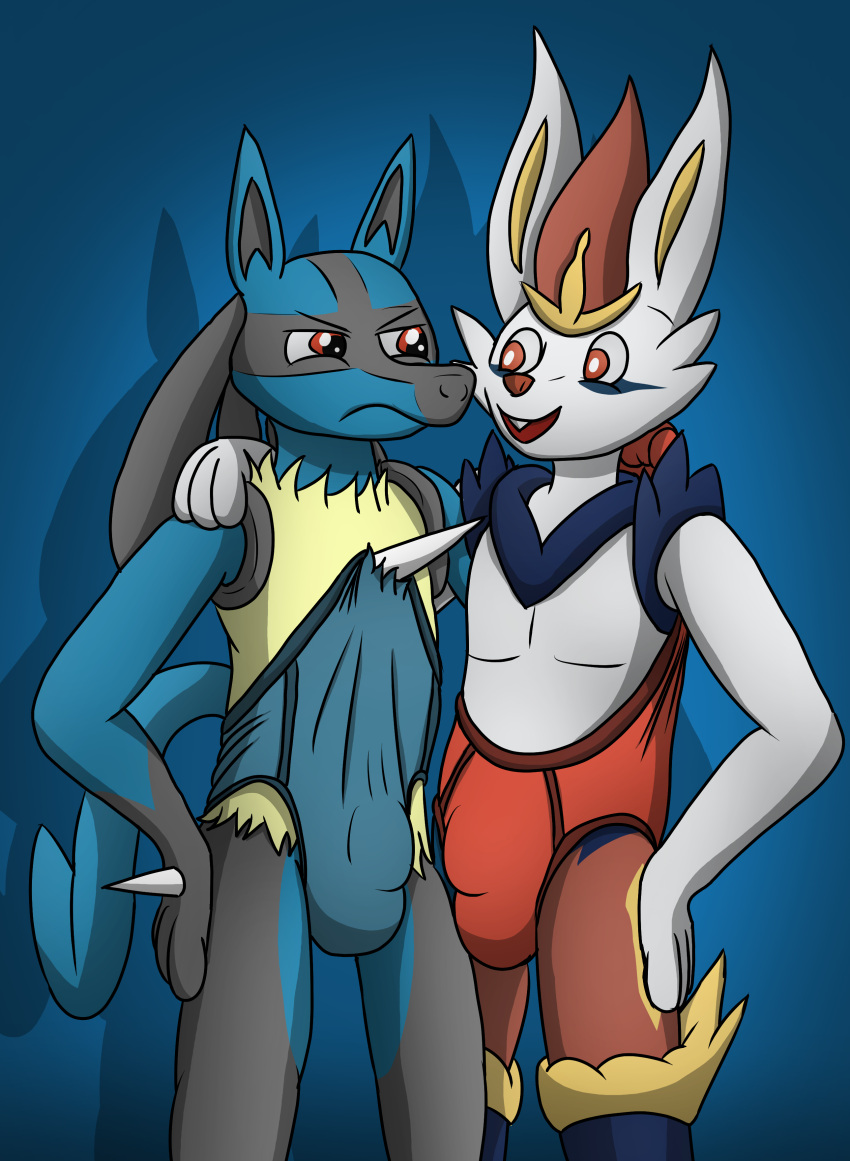 absurd_res annoyed anthro briefs bulge cinderace clothing cock_and_ball_torture duo frontal_wedgie generation_4_pokemon generation_8_pokemon genital_torture hand_on_hip hand_on_shoulder hi_res lucario male male/male nintendo pokemon pokemon_(species) side_hug smile standing stretched_clothing tacomytaco underwear wedgie