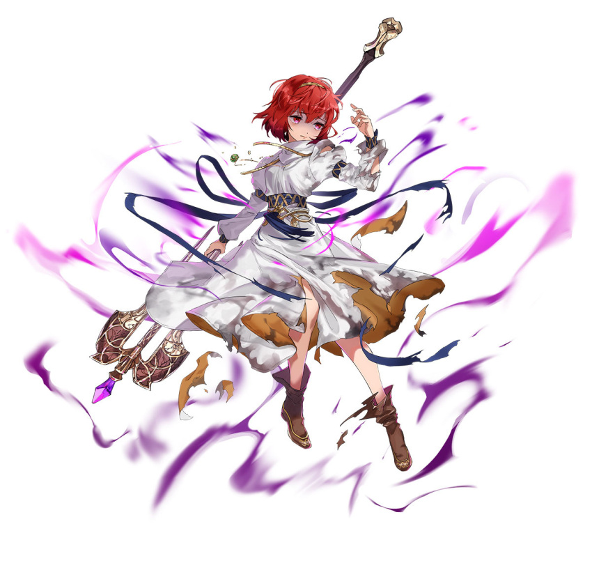 aura damaged dark_aura dress fire_emblem fire_emblem:_mystery_of_the_emblem fire_emblem_heroes holding holding_staff looking_at_viewer maria_(fire_emblem) mayo_(becky2006) mind_control official_alternate_costume official_art purple_eyes red_hair short_hair solo staff tassel tiara torn_clothes white_background white_dress