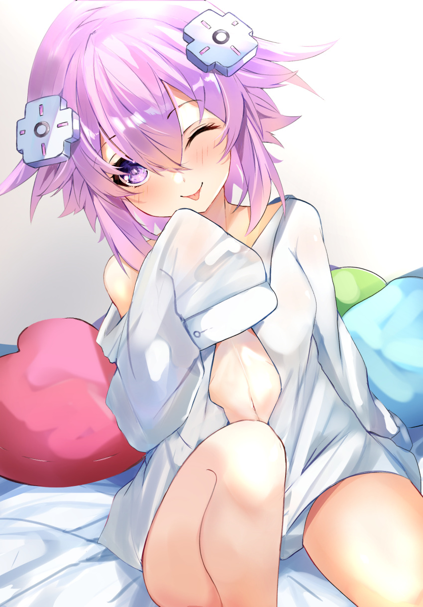 1girl bimmy blush d-pad d-pad_hair_ornament hair_between_eyes hair_ornament highres looking_at_viewer neptune_(neptune_series) neptune_(series) no_bra off_shoulder on_bed one_eye_closed pink_eyes pink_hair shirt short_hair sitting smile solo tongue tongue_out