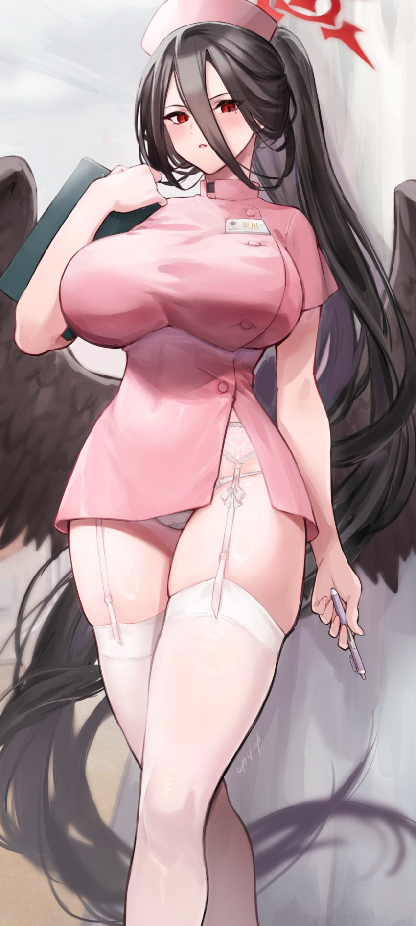 1girl absurdres alternate_costume black_hair blue_archive blush breasts garter_straps hair_between_eyes halo hand_up hasumi_(blue_archive) hat highres ito_uuu large_breasts long_hair looking_at_viewer low_wings mole mole_under_eye nurse nurse_cap pink_headwear ponytail red_eyes red_halo thighhighs thighs white_garter_straps white_thighhighs wings