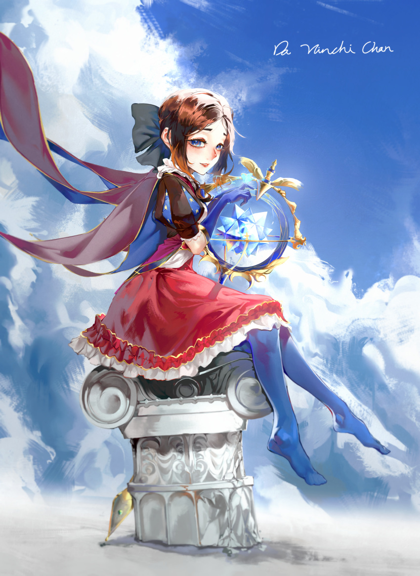 1girl absurdres aged_down black_bow black_gloves blue_eyes blue_pantyhose blue_sky blush bow brown_hair cape capelet character_name clip_studio_paint_(medium) cloud elbow_gloves eyelashes fate/grand_order fate_(series) forehead from_side gloves hair_bow highres leonardo_da_vinci_(fate) leonardo_da_vinci_(rider)_(fate) long_hair looking_at_viewer low_ponytail naked_capelet no_shoes nose_blush pantyhose parted_bangs parted_lips puffy_short_sleeves puffy_sleeves red_skirt sashimi950418 short_sleeves sitting skirt sky smile solo staff two-sided_cape two-sided_fabric