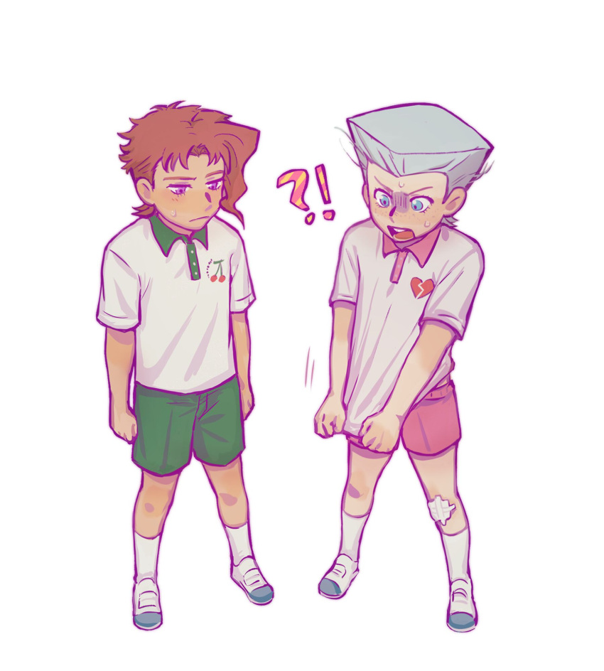 !? 2608337875 2boys aged_down bandaid bandaid_on_knee bandaid_on_leg blue_eyes buruma child grey_hair gym_shorts gym_uniform highres jean_pierre_polnareff jojo_no_kimyou_na_bouken kakyoin_noriaki male_focus multiple_boys purple_eyes red_hair school_uniform shaded_face shirt_tug shorts stardust_crusaders