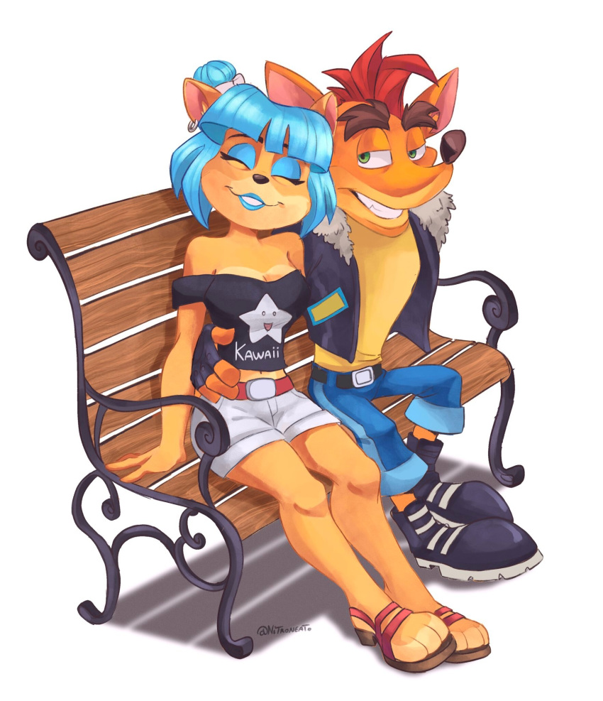 1boy 1girl belt bench black_footwear black_shirt blue_hair blue_shorts closed_eyes crash_bandicoot crash_bandicoot_(series) furry furry_female furry_male green_eyes grin highres jacket looking_at_viewer megumi_(crash_bandicoot) nitroneato open_clothes open_jacket park_bench red_hair shirt shoes short_shorts shorts sitting smile white_shorts