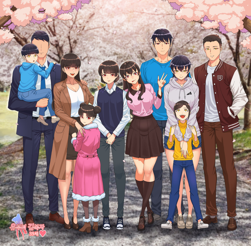 5boys 5girls :d belt black_hair black_skirt black_suit black_sweater_vest blue_necktie blue_shirt blunt_bangs bob_cut boots breasts brown_footwear brown_hair brown_pants cleavage coat copyright_request day denim double_bun faceless faceless_male formal grey_footwear hair_bun hand_on_another's_shoulder highres hood hood_down hoodie hwa_na_jung jacket jeans loafers looking_at_viewer medium_breasts multiple_boys multiple_girls necktie outdoors own_hands_together pants pink_coat red_eyes red_jacket shirt shoes short_shorts shorts skirt smile sneakers standing suit sweater_vest tongue tongue_out v white_shirt yellow_eyes yellow_shirt