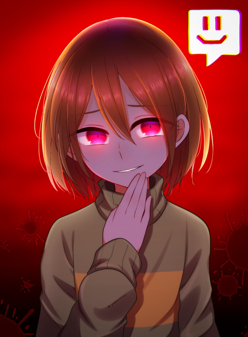 1other arm_at_side backlighting blood blood_splatter bob_cut brown_hair chara_(undertale) close-up commentary constricted_pupils evil_smile glowing glowing_eyes gradient_background green_sweater hair_between_eyes hand_to_own_face hand_up highres long_sleeves looking_at_viewer loose_hair_strand parted_lips raised_eyebrows red_background red_eyes short_hair smile smiley_face smirk solo spoken_smile sweater symbol-only_commentary turtleneck turtleneck_sweater two-tone_sweater undertale upper_body yellow_sweater yuupontan.