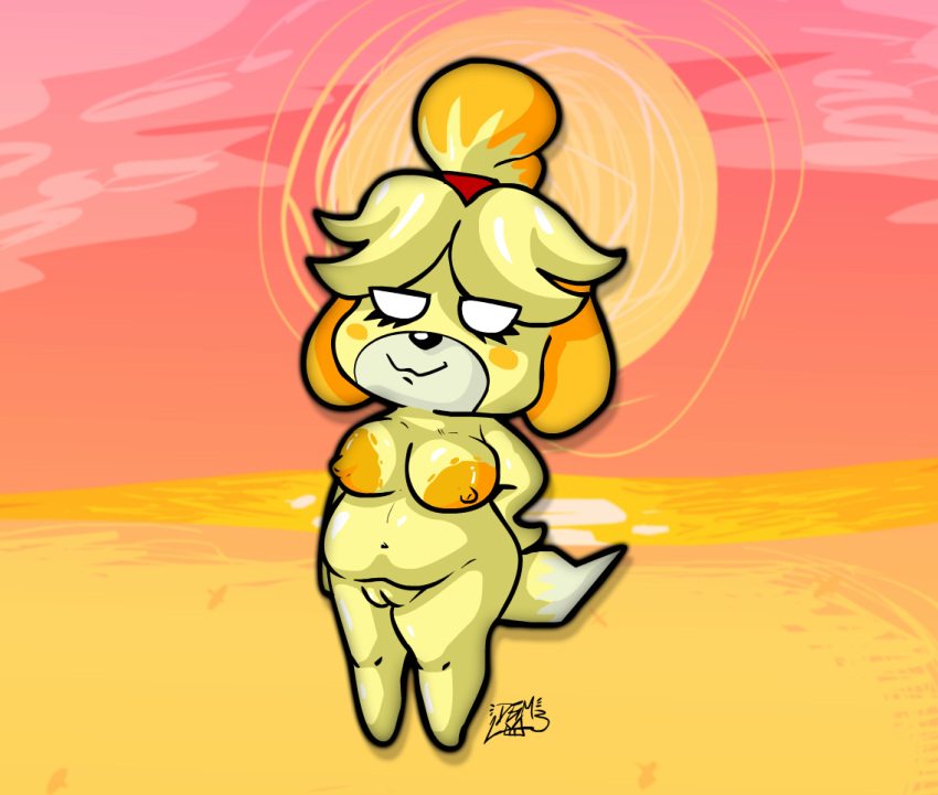 animal_crossing animal_humanoid anthro areola beach big_areola canid canid_humanoid canine canine_humanoid chubby_female dgm2k dog_humanoid female genitals humanoid isabelle_(animal_crossing) mammal mammal_humanoid nintendo pussy sand sea seaside short_stack slightly_chubby solo sun sunset water white_eyes