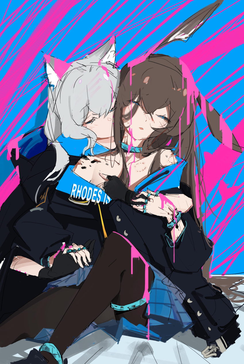 2girls absurdres amiya_(arknights) animal_ear_fluff animal_ears anklet arknights arm_around_waist bare_shoulders bed_sheet belt belt_buckle bite_mark bite_mark_on_chest bite_mark_on_shoulder black_belt black_footwear black_gloves black_hood black_jacket blue_anklet blue_background blue_bracelet blue_choker blue_skirt blush bracelet brown_hair brown_pantyhose buckle buttons cat_ears cat_girl chinese_commentary choker closed_eyes collarbone commentary_request covered_mouth double-parted_bangs facing_another facing_viewer fingerless_gloves flat_chest flustered foot_out_of_frame from_side gloves grey_hair hair_between_eyes hair_flowing_over hair_spread_out hand_on_another's_chest head_tilt heads_together highres holding_hands hood hood_down hooded_jacket hug hug_from_behind indoors infection_monitor_(arknights) jacket jewelry knee_up laowei long_hair long_sleeves multiple_girls multiple_rings nose_blush off_shoulder on_bed open_clothes open_jacket oripathy_lesion_(arknights) paint paint_in_hair paint_on_body paint_on_clothes paint_on_fingers paint_splatter paint_splatter_on_face paint_stains pantyhose parted_lips plaid plaid_skirt pleated_skirt pocket ponytail puffy_long_sleeves puffy_sleeves rabbit_ears rabbit_girl resting ring rosmontis_(arknights) shadow shoes sidelocks sitting sketch skirt straight_hair thighlet upper_body variant_set very_long_hair yuri