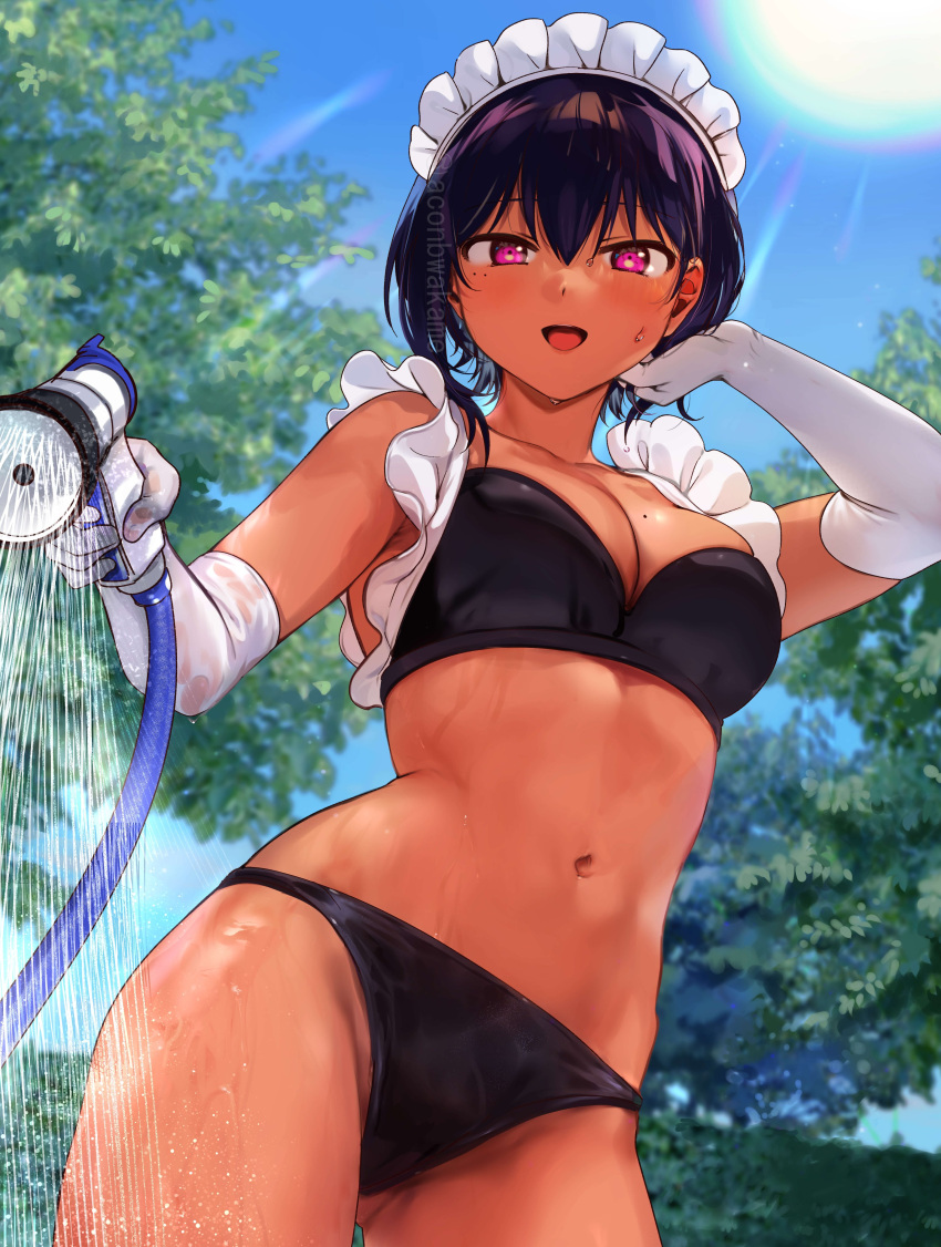 1girl absurdres ass_visible_through_thighs bikini black_bikini black_hair blush breasts cleavage collarbone commentary_request contrapposto cowboy_shot dark-skinned_female dark_skin day elbow_gloves from_below gloves highres holding holding_hose hose hose_nozzle konbu_wakame large_breasts lilith_(saikin_yatotta_maid_ga_ayashii) looking_at_viewer maid maid_bikini maid_headdress mole mole_on_breast mole_under_eye navel official_art open_mouth outdoors purple_eyes saikin_yatotta_maid_ga_ayashii short_hair smile solo sun swimsuit thighs tree twitter_username unconventional_maid watermark wet wet_clothes white_gloves