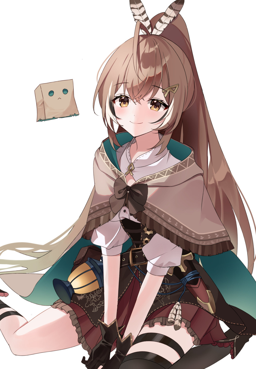 1girl absurdres ahoge ankle_boots asymmetrical_legwear belt boots brown_capelet brown_cloak brown_corset brown_eyes brown_hair cape capelet cloak corset crossed_bangs dagger feather_hair_ornament feathers friend_(nanashi_mumei) gloves hair_ornament hieroglyphics highres hololive hololive_english kneehighs knife lantern long_hair looking_at_viewer miniskirt multicolored_hair nanashi_mumei nanashi_mumei_(1st_costume) partially_fingerless_gloves pleated_skirt ponytail pouch red_skirt ribbon shirt single_kneehigh single_sock single_thighhigh sitting skirt smile socks streaked_hair thighhighs tissue_(syu_rmfla) very_long_hair virtual_youtuber wariza weapon white_shirt