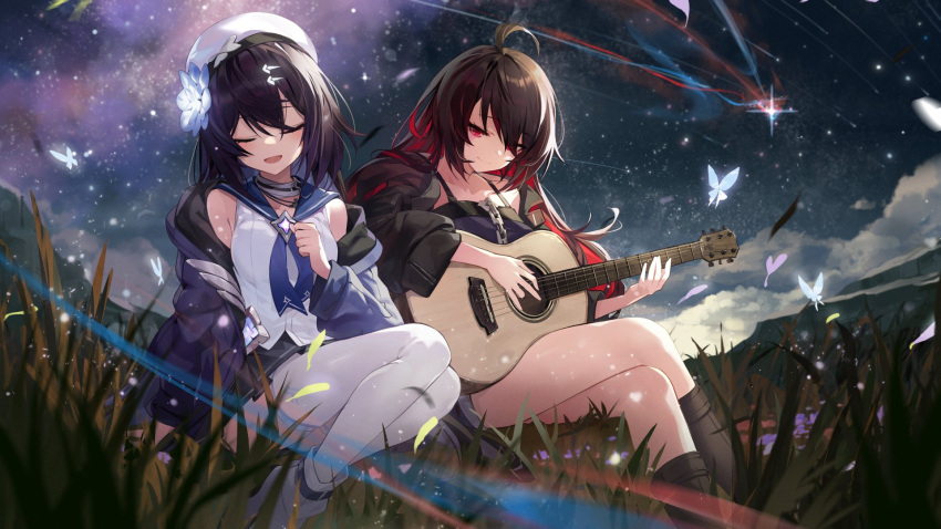 2girls ahoge alternate_costume beret black_footwear black_hair black_jacket black_skirt black_sleeves blue_jacket blue_sleeves bug butterfly clenched_hand closed_eyes closed_mouth colored_inner_hair crossed_legs flower goomrrat grass hair_flower hair_ornament hat highres honkai_(series) honkai_impact_3rd instrument jacket long_hair looking_at_another multicolored_hair multiple_girls music night on_grass open_mouth outdoors playing_instrument red_eyes red_hair sailor_collar sailor_shirt seele_vollerei seele_vollerei_(starchasm_nyx) shirt short_hair singing sitting skirt smile thighhighs white_thighhighs