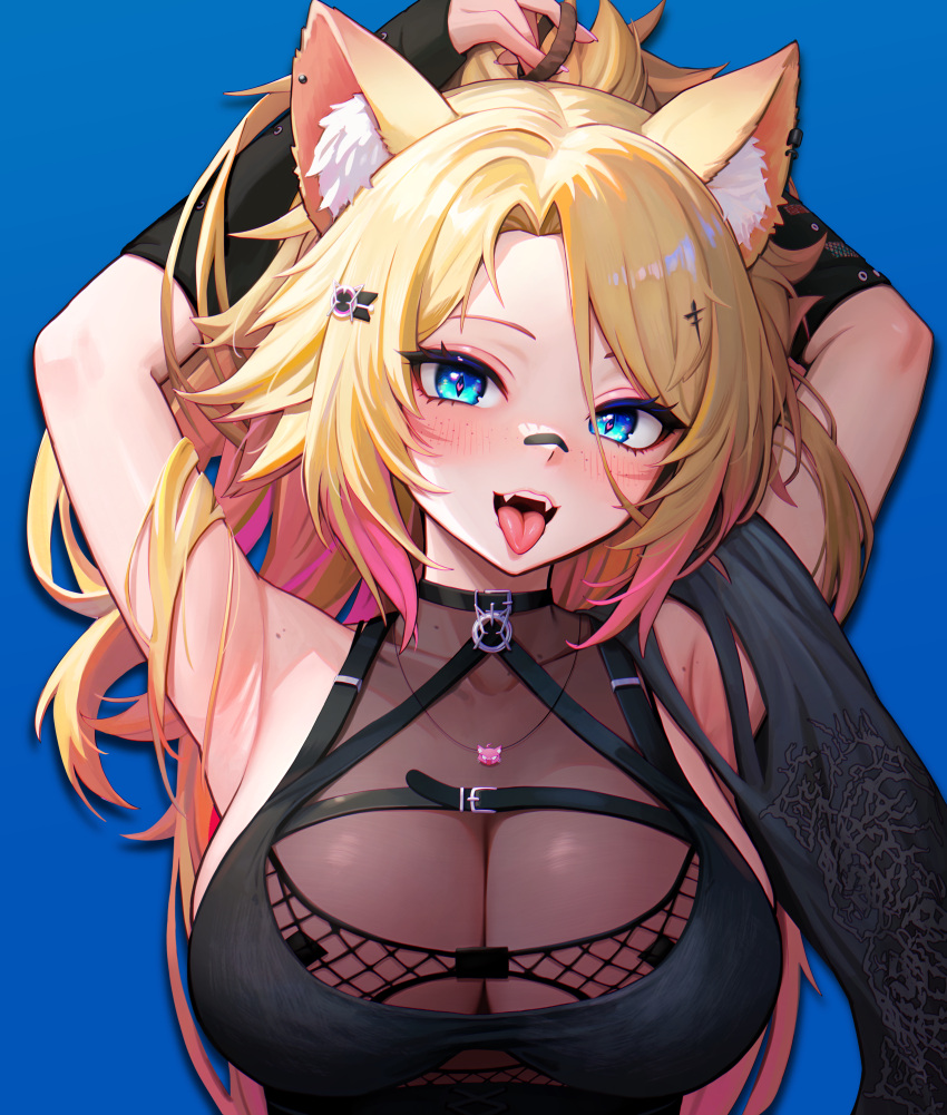 1girl absurdres animal_ear_fluff animal_ears armpits arms_up bandaid bandaid_on_face bandaid_on_nose belt black_belt black_sleeves blonde_hair blue_background blue_eyes breasts cat_ears cat_girl cat_necklace chest_belt cleavage clickdraws collarbone commission earrings fangs fishnets gradient_hair hair_ornament heart heart_in_eye highres indie_virtual_youtuber jewelry large_breasts long_hair multicolored_hair obkatiekat pink_hair pink_nails ponytail see-through see-through_cleavage symbol_in_eye tongue upper_body virtual_youtuber