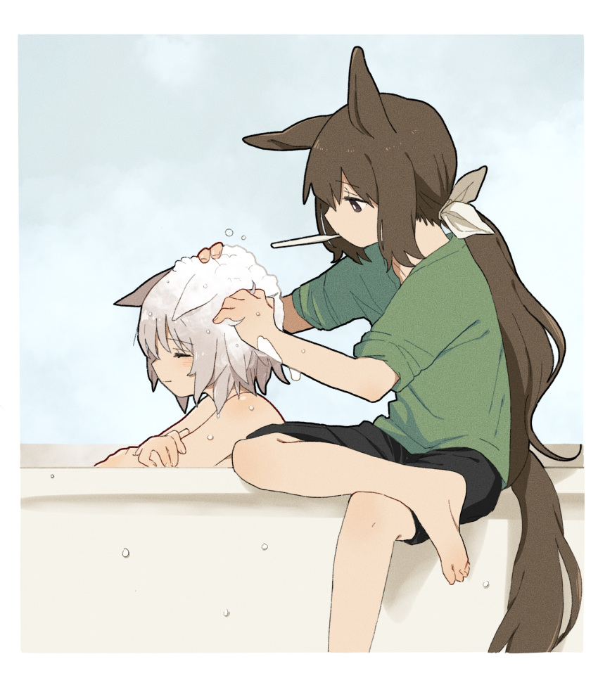 2girls admire_vega_(umamusume) animal_ears bare_shoulders bathtub black_shorts blush brown_eyes brown_hair closed_mouth curren_chan_(umamusume) green_shirt grey_hair highres horse_ears horse_girl horse_tail long_hair low_ponytail mouth_hold multiple_girls nude shirt short_hair shorts sitting sleeves_rolled_up soap_bubbles tail umamusume washing_another wet yano_(edbr1022)