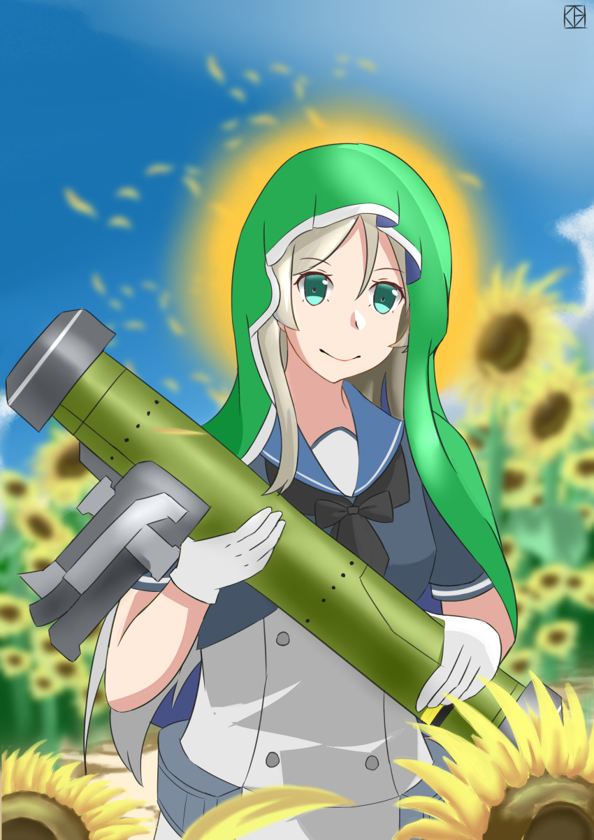 1girl absurdres black_neckerchief blue_jacket blue_sailor_collar blue_sky cloud day dress fgm-148_javelin flower gloves green_eyes green_veil grey_hair highres holding jacket javelin_(kancolle) kantai_collection long_hair meme name_connection neckerchief object_namesake outdoors parody plzs rocket_launcher sailor_collar saint_javelin_(meme) sky solo sunflower upper_body weapon white_dress white_gloves