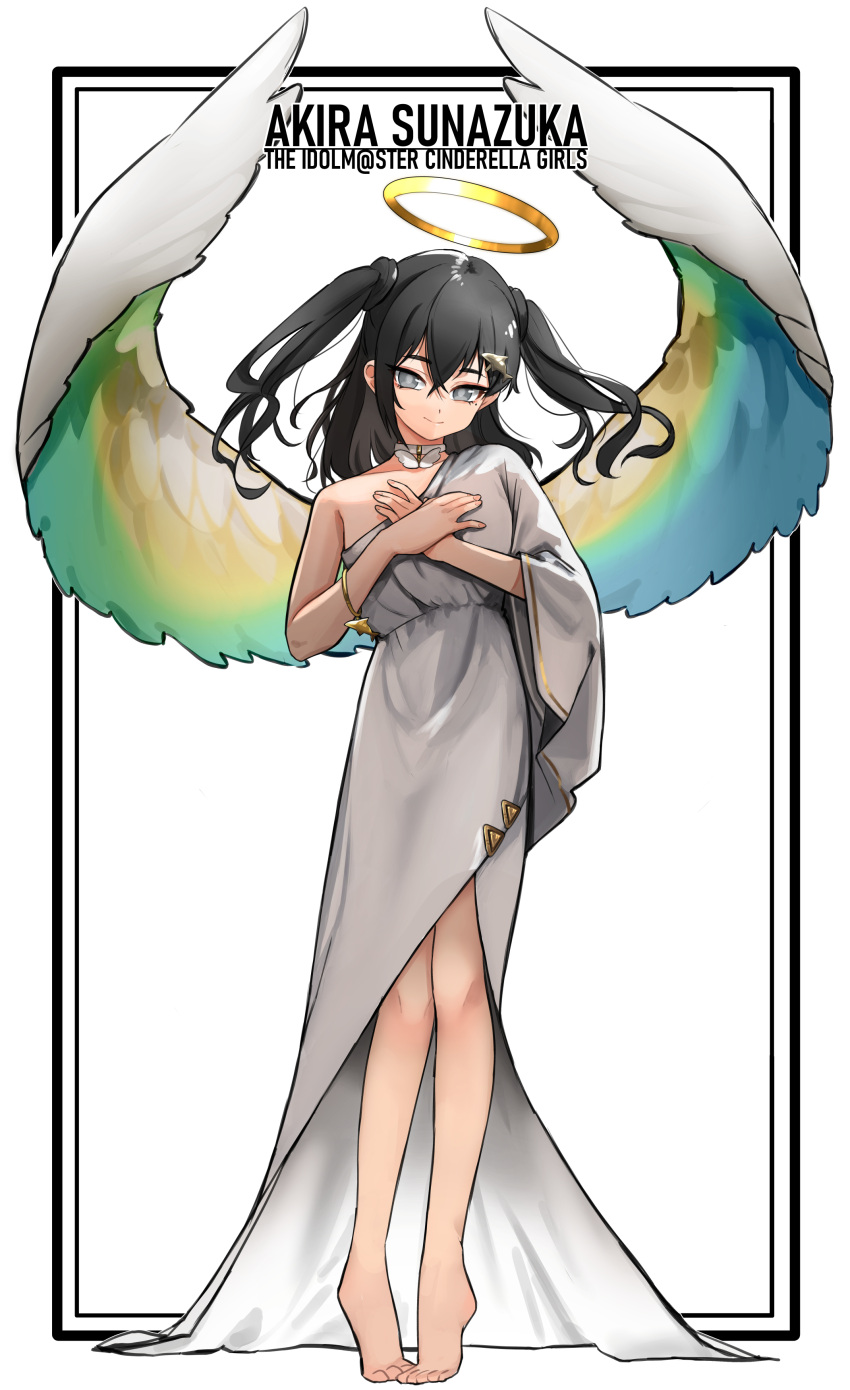 1girl absurdres barefoot black_hair bracelet breasts character_name choker closed_mouth copyright_name crossed_bangs english_commentary full_body grey_eyes hair_ornament hairclip halo hands_on_own_chest highres idolmaster idolmaster_cinderella_girls jewelry long_hair looking_at_viewer mole mole_under_eye own_hands_together sidelocks single_bare_shoulder small_breasts smile solo standing sunazuka_akira tiptoes toes toga two_side_up u_no_nijiart wings