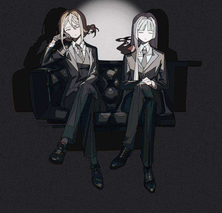 2girls black_background black_footwear black_gloves black_jacket black_necktie black_pants black_vest blonde_hair chinese_commentary closed_eyes closed_mouth collared_shirt commentary_request contemporary couch crossed_legs dikke dress_shoes expressionless gloves grey_hair half-closed_eyes jacket ligne_claire long_hair looking_at_viewer mole mole_on_cheek multiple_girls necktie on_couch orange_eyes pants reverse:1999 shirt sitting tennant_(reverse:1999) vest waistcoat white_shirt zhizhizi