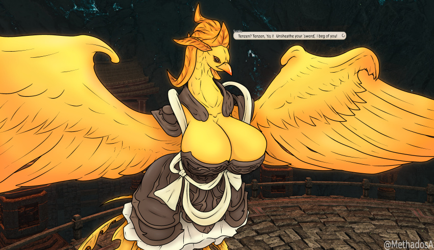 2023 absurd_res anthro avian beak big_breasts bird breasts cleavage clothed clothing dialogue english_text european_mythology feathers female final_fantasy final_fantasy_xiv flying fully_clothed glowing glowing_body greek_mythology hi_res huge_breasts innuendo methados mythological_avian mythological_firebird mythology orange_beak orange_body orange_feathers patterned_clothing phoenix ribbons signature solo spread_wings square_enix suzaku_(final_fantasy_xiv) tail_feathers text wide_hips wings