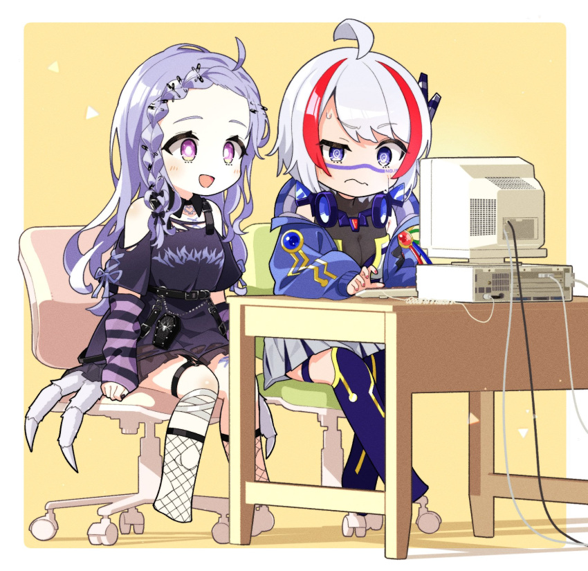 2girls @_@ ahoge amiya_aranha amiya_aranha_(2nd_costume) arthropod_girl arthropod_limbs belt black_belt black_collar black_nails black_shirt blue_eyes blue_jacket blue_thighhighs braid breasts bright_pupils cleavage collar computer desk detached_collar detached_sleeves emo_fashion facial_mark fishnet_socks fishnets grey_hair headphones headphones_around_neck highres indie_virtual_youtuber jacket konori_(ahurerukuiizi) long_hair multicolored_hair multiple_girls no_feet o-ring o-ring_thigh_strap onolumi_(vtuber) open_mouth pink_nails purple_eyes purple_hair purple_sleeves red_hair safety_pin see-through see-through_cleavage shadow shirt sitting skirt sleeves_past_wrists socks spider_girl streaked_hair striped_sleeves sweatdrop swivel_chair thigh_strap thighhighs torn_clothes torn_shirt torn_socks virtual_youtuber white_pupils white_skirt yellow_background