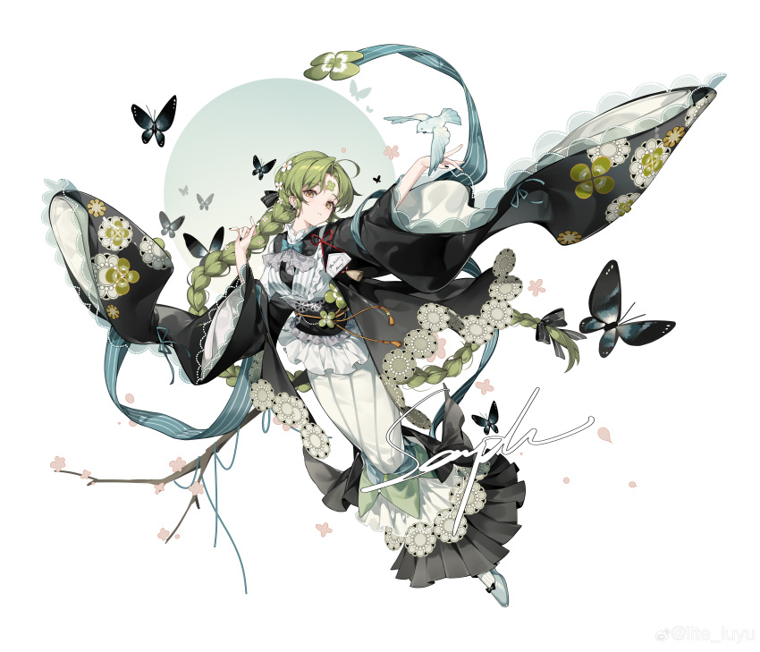 1girl absurdres ahoge bird black_butterfly black_nails black_shirt blue_bow blue_bowtie blue_shawl bow bowtie braid branch bug butterfly circle clover_facial_mark clover_print facial_mark floating_clothes flower forehead_mark full_body green_footwear green_hair grey_skirt hair_flower hair_ornament hands_up highres lite_luyu long_braid long_hair long_skirt long_sleeves looking_at_viewer low-braided_long_hair original outstretched_arm parted_bangs parted_lips pencil_skirt pink_flower sample_watermark shawl shirt single_braid skirt socks solo turning_head very_long_hair weibo_logo weibo_username white_flower white_socks wide_sleeves yellow_eyes