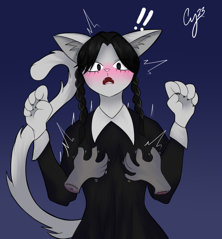 anthro blush blushing_profusely cybeeyoru disembodied_hand female grope groping_breasts hi_res shocked shocked_expression shocked_face solo the_addams_family wednesday_addams