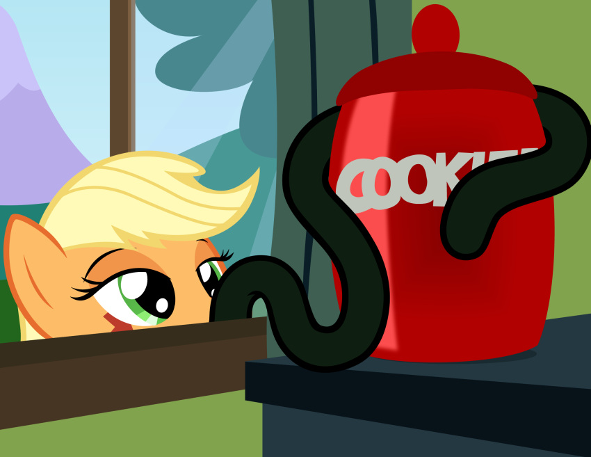 applejack_(mlp) badumsquish blonde_hair container cookie_jar eyes_on_the_prize friendship_is_magic green_eyes hair hasbro hi_res jar my_little_pony solo tatzlpony tentacles thief window