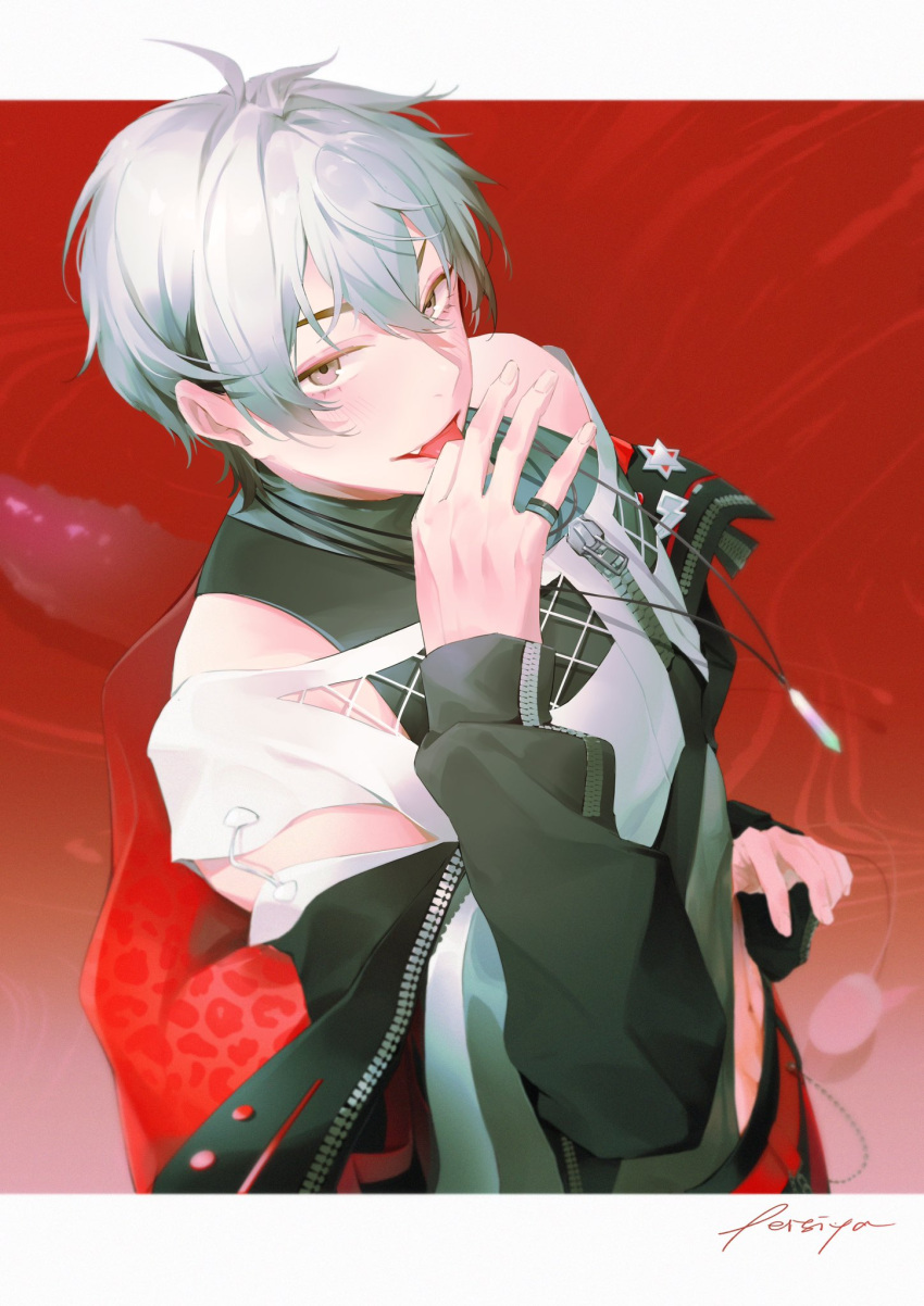 1boy black_jacket black_tank_top border brown_eyes brown_hair crop_top fangs grey_hair highres jacket jacket_partially_removed long_sleeves male_focus multicolored_hair nu_carnival persiaya red_background rei_(nu_carnival) shirt short_hair signature solo tank_top teeth tongue tongue_out white_border white_shirt