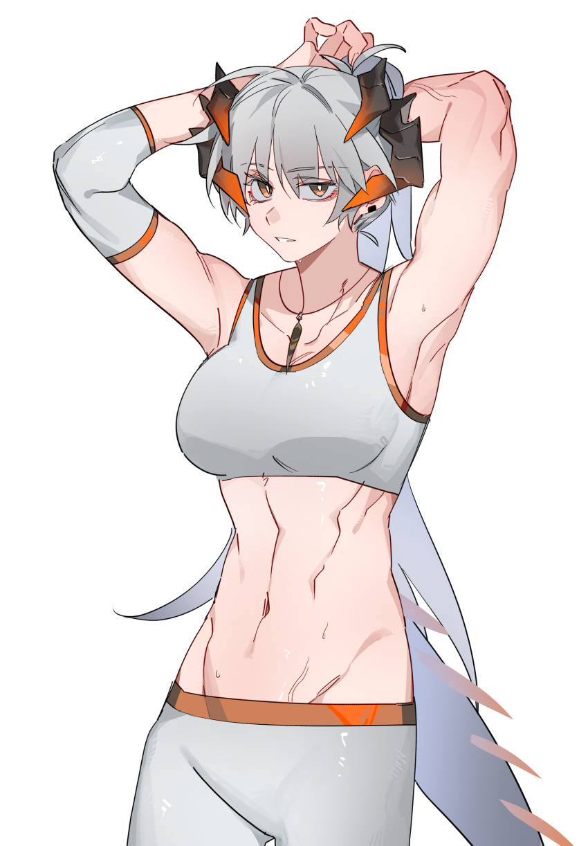 1girl absurdres ahoge alternate_costume arknights armpits arms_up breasts brown_eyes commentary_request cowboy_shot crop_top grey_hair grey_pants highres horns jewelry large_breasts leggings long_hair looking_at_viewer midriff molu_stranger navel necklace pants parted_lips ponytail saria_(arknights) simple_background solo sports_bra standing stomach tail very_long_hair white_background