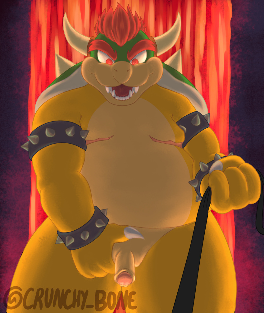 absurd_res anthro bowser crunchybone first_person_view genitals hi_res holding_object holding_penis leash leash_pull leashed_pov male mario_bros nintendo penis scar solo