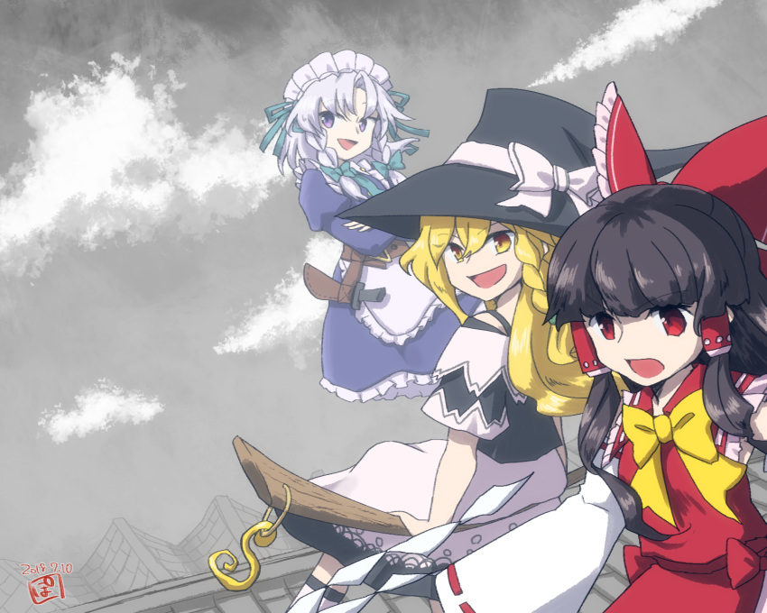 3girls apron black_hair black_headwear black_shirt blonde_hair blue_dress blunt_bangs bow cloud collared_shirt commentary_request detached_sleeves dress frilled_shirt_collar frills green_bow green_ribbon grey_hair grey_sky hair_between_eyes hair_bow hair_ribbon hair_tubes hakurei_reimu hat highres hollow_song_of_birds izayoi_sakuya juliet_sleeves kirisame_marisa long_hair long_sleeves maid maid_apron maid_headdress multiple_girls neck_ribbon open_mouth outdoors puffy_sleeves purple_eyes red_bow red_eyes red_shirt red_skirt ribbon shirasaki_potofu shirt short_sleeves skirt sky sleeveless sleeveless_shirt smile touhou white_apron white_skirt white_sleeves yellow_eyes yellow_ribbon