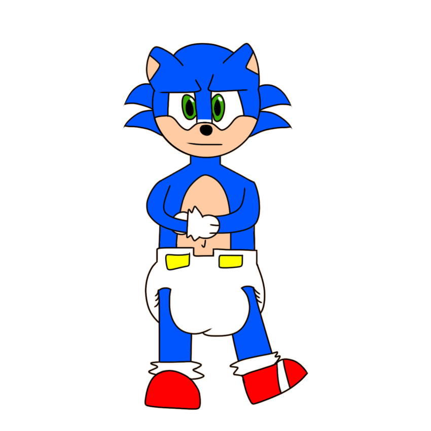 anthro blue_body blue_fur bored_expression clothed clothing crossed_arms diaper eulipotyphlan footwear fur gloves green_eyes handwear hedgehog hi_res looking_at_viewer mammal mobian_hedgehog sega shoes socks solo sonic_the_hedgehog sonic_the_hedgehog_(film) sonic_the_hedgehog_(series) spines tan_body tan_fur tapping_foot teenager war_machine_furry wearing_diaper young