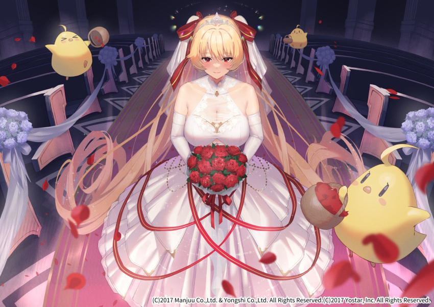 1girl absurdly_long_hair alternate_costume azur_lane bare_shoulders basket batsu blonde_hair blush bouquet breasts bridal_veil bride church dress elbow_gloves flower gloves hair_ribbon holding holding_basket holding_bouquet indoors large_breasts long_dress long_hair looking_at_viewer manjuu_(azur_lane) nelson_(azur_lane) official_art petals red_carpet red_flower red_ribbon red_rose ribbon rose solo twintails veil very_long_hair wedding wedding_dress white_dress white_flower white_rose